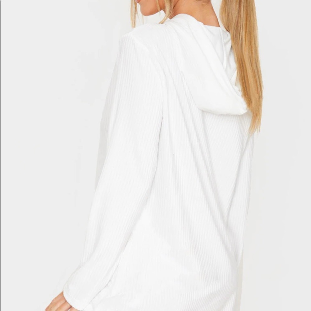 White Soft Rib Oversized Long Sleeve Hoodie Dress